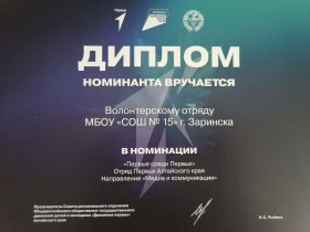 Премия регионального отделения «Движение Первых» присуждена МБОУ СОШ №15 города Заринска.